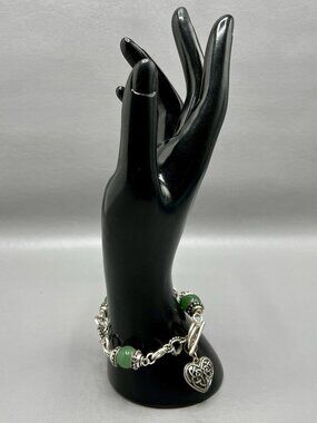 Green Stone Beaded Charm Bracelet Celtic Knot Heart Silver Tone Toggle 7.5"